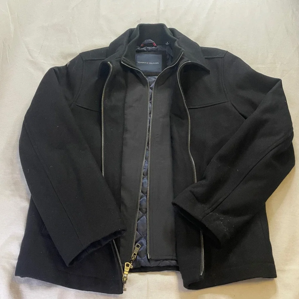 Tommy Hilfiger Jacket Mens Small Black Wool Blend Quilted Bib Zip Up Peacoat